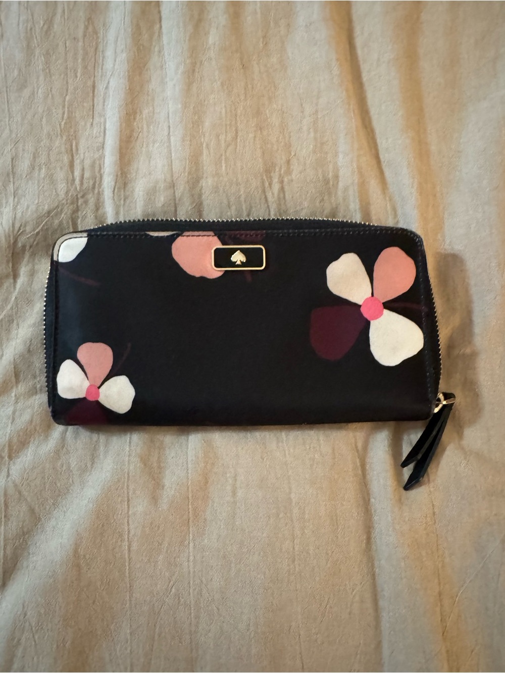 Kate Spade Nylon Black Floral Zip Around Wallet with Pink and Cream Accents